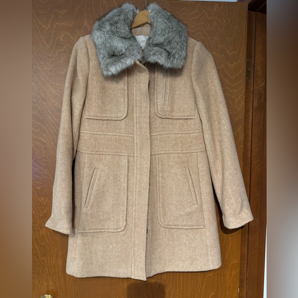 LOFT Tan Pea Coat with Gray Faux Fur Collar